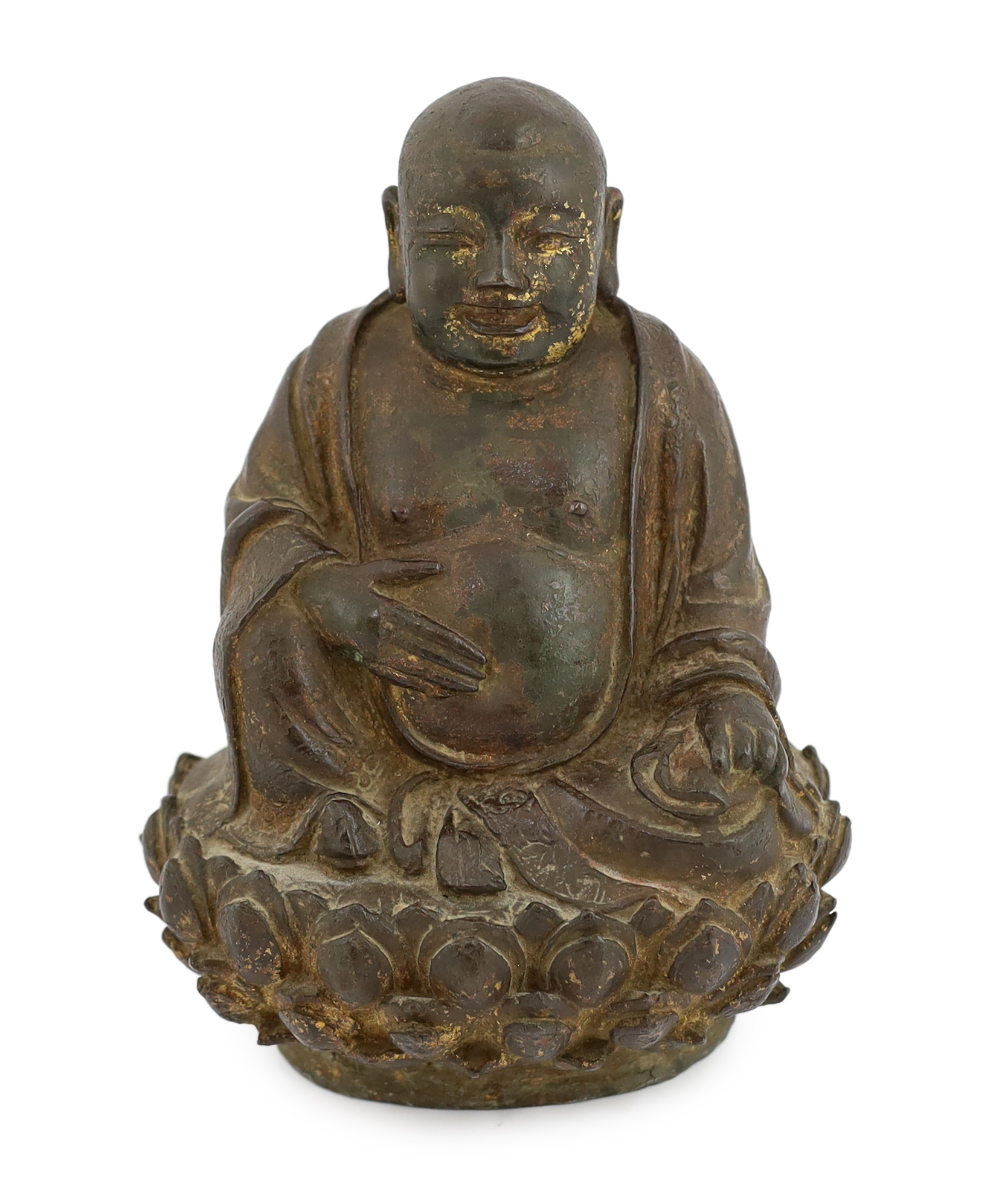 A Chinese lacquered bronze figure of Budai, late Ming dynasty, cracks and old repairs